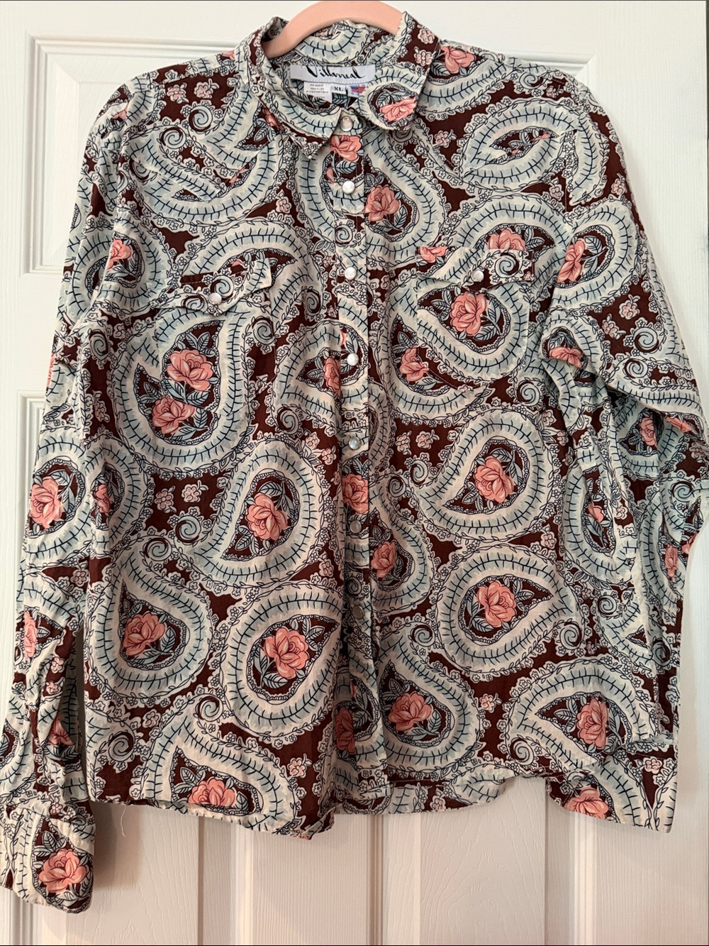 VILLARREAL VINTAGE Paisley Floral Button-Down Shirt - Brown & Pink. Made in USA